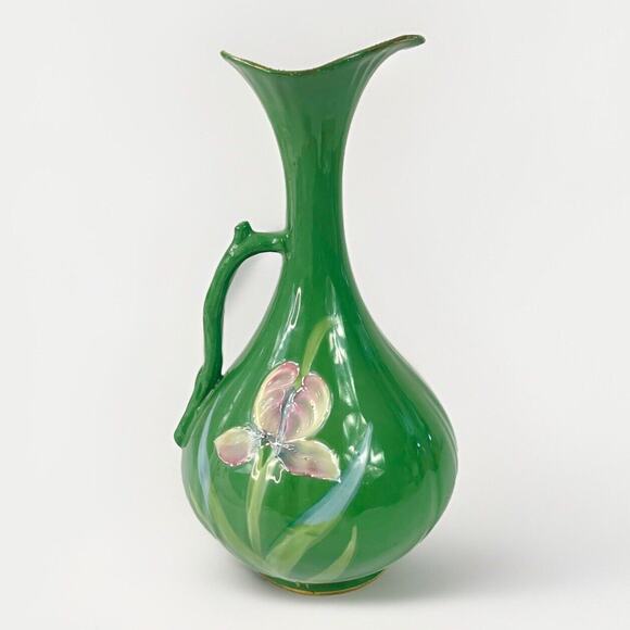 Vintage Moriage Hand Painted Textured Enamel Flowers Ewer Jug Vase 8” - Picture 2 of 7